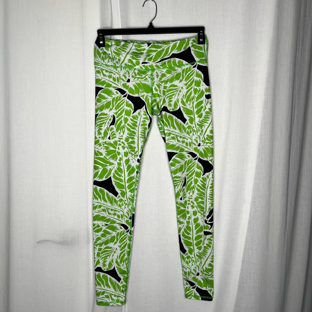 ALO Yoga Green Leaf Print Leggings with Black Accents
